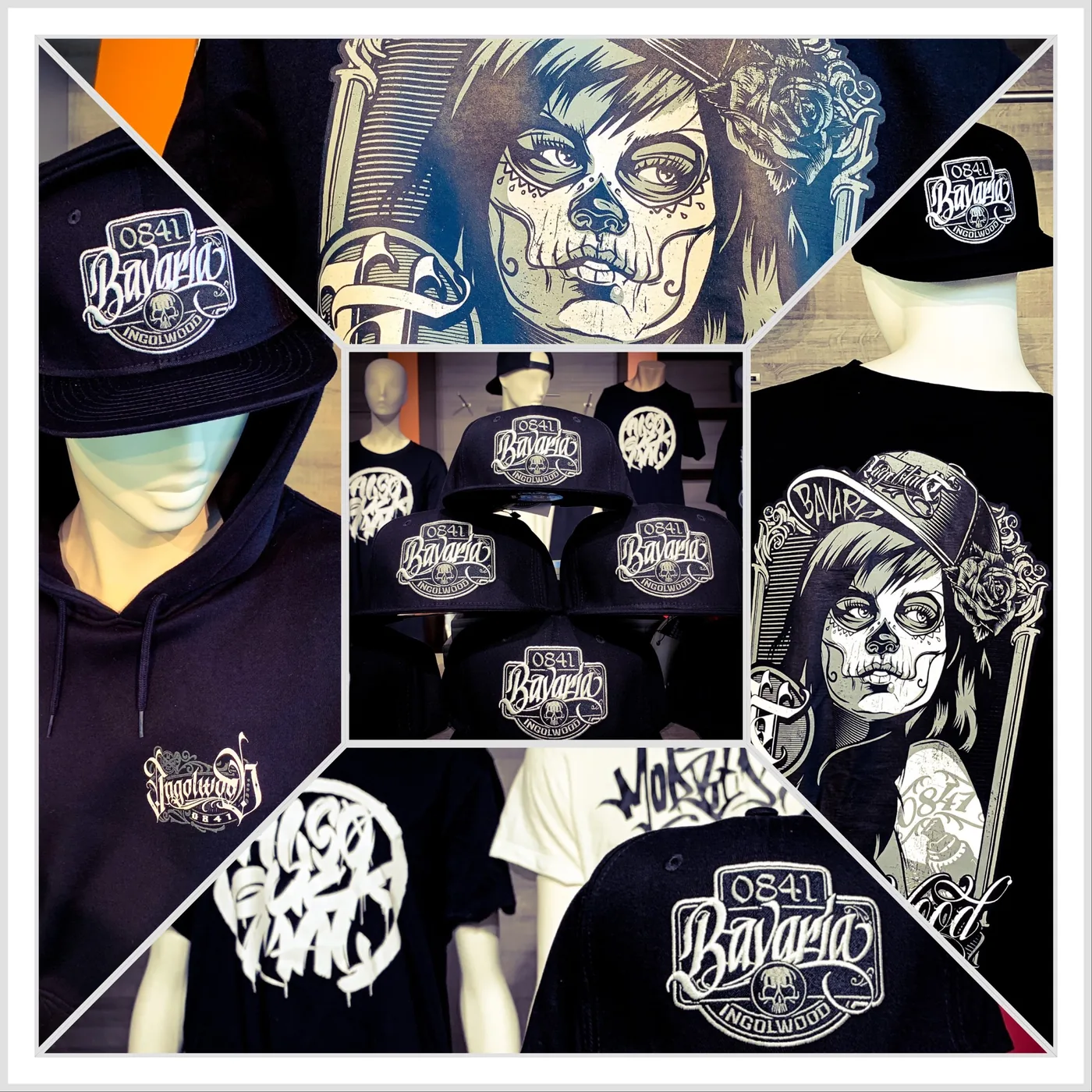 Bildcollage: Caps mit Bavaria-Patch, Hoodie mit Ingolwood-Logo, Shirts mit Rückenmotiv