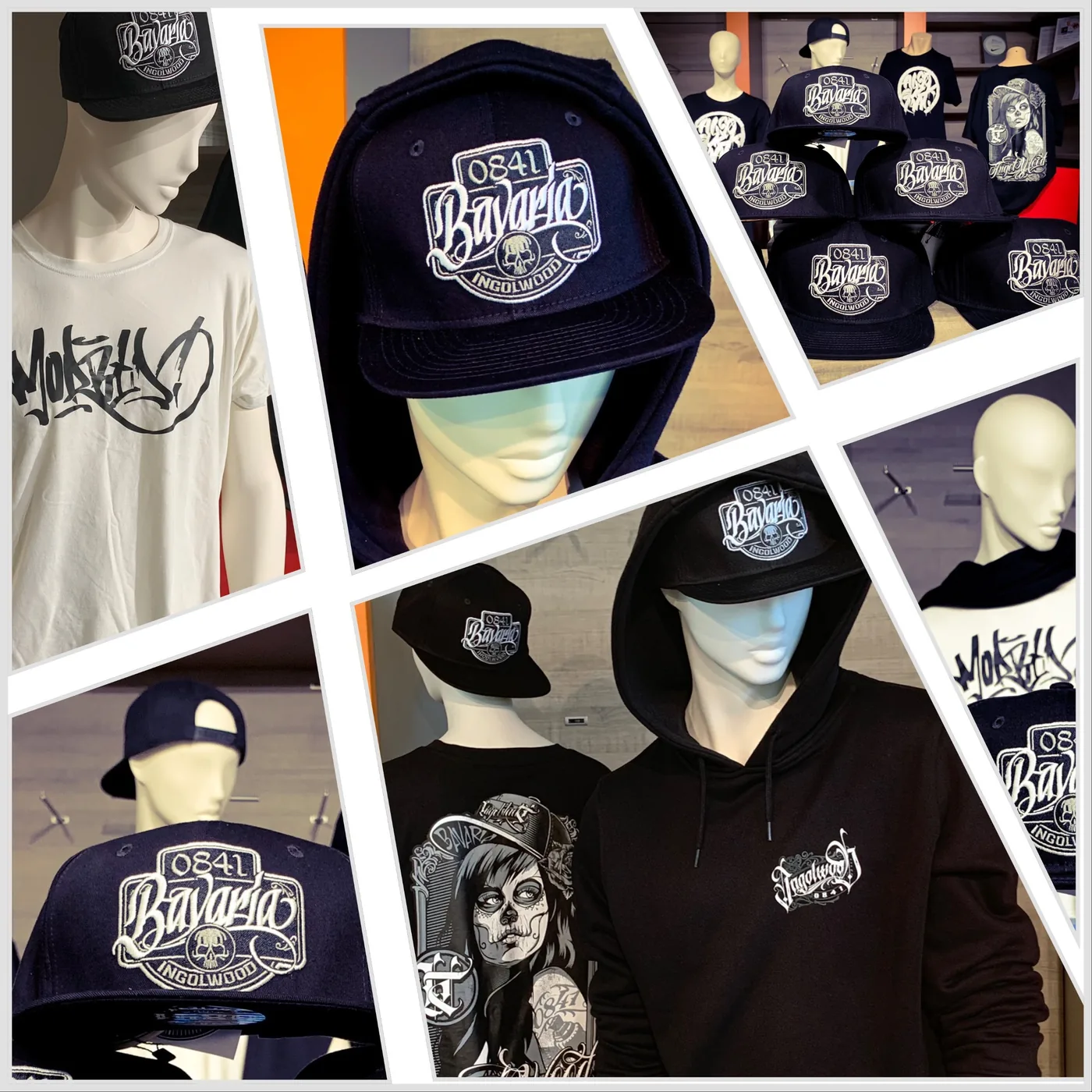 Bildcollage: Hoodie mit Cap, Shirts und weiße Shirts mit Schriftzug
