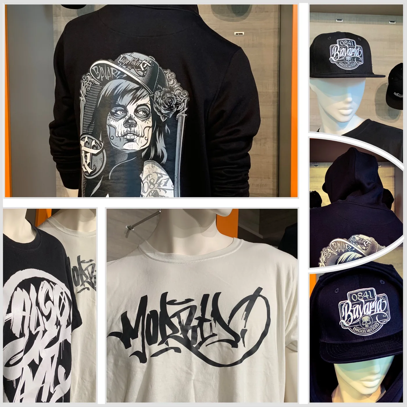 Bildcollage: Hoodie-Rücken mit Motiv, Caps, Shirts mit Schriftzug