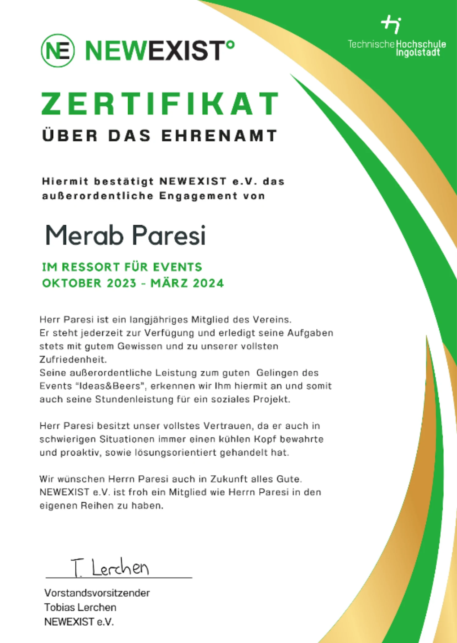Zertifikat über das Ehrenamt bei NEWEXIST e.V., Ressort für Events, Oktober 2023 bis März 2024
