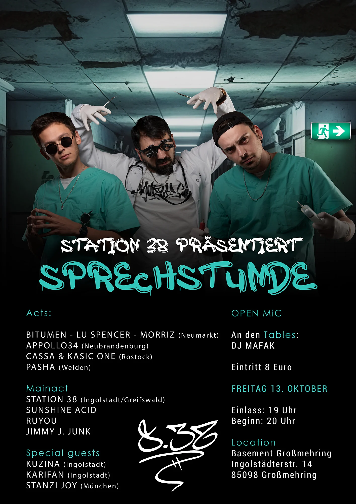 Poster Sprechstunde, Station 38 präsentiert: Freitag 13. Oktober, Basement Großmehring