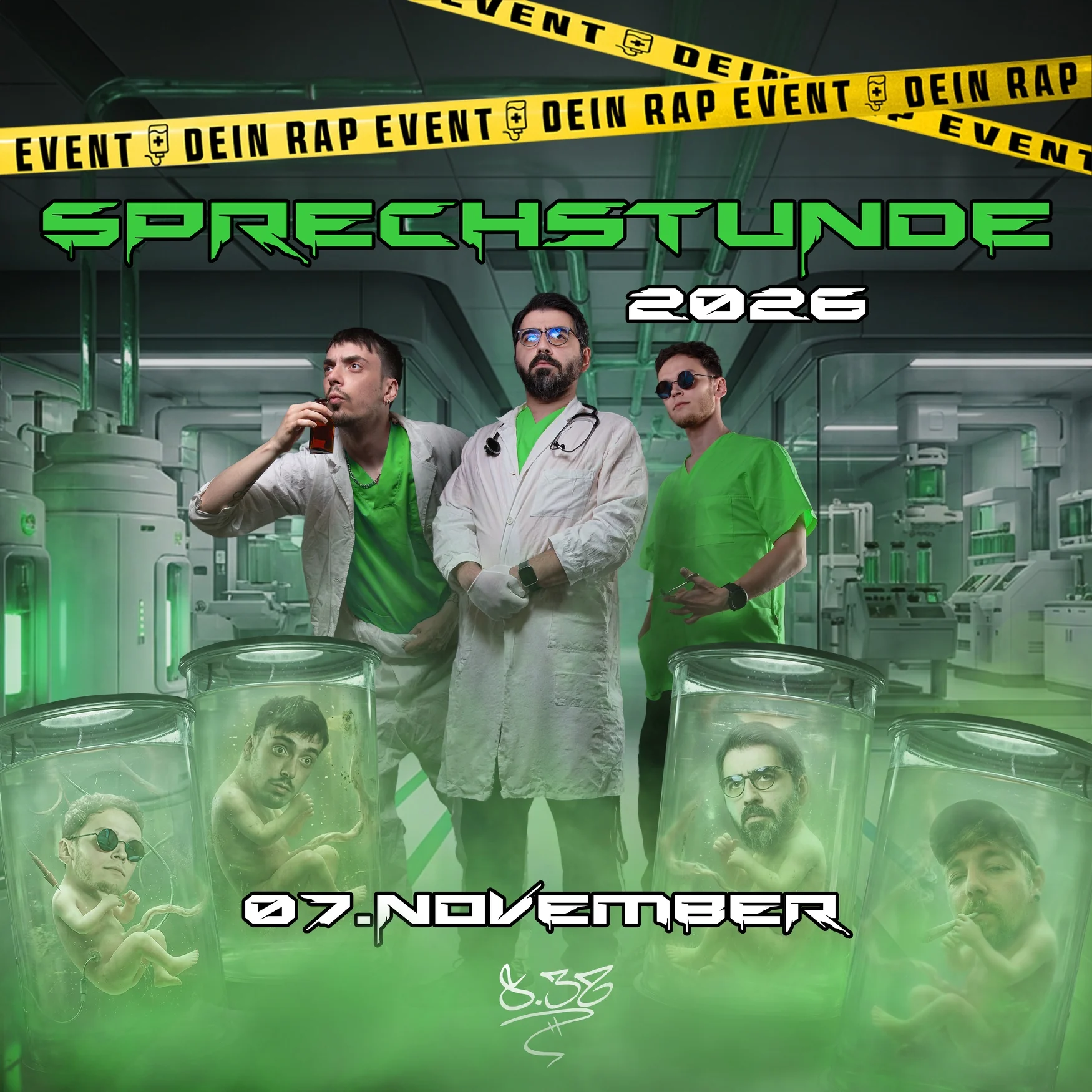 Poster Sprechstunde 2026: drei Männer im Labor in Grün, gelbes Absperrband, 07. November